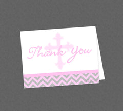 Pink Cross Thank You Card - INSTANT DOWNLOAD - Baptism, First Communion, Confirmation, Christening, Folded Thank You, Religious Thank You