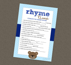 Teddy Bear Nursery Rhyme Shower Game - INSTANT DOWNLOAD - Bear Shower Games, Teddy Bear Baby Shower, Nursery Rhymes Baby Game, Blue