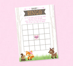 Pink Woodland Baby Shower Bingo - INSTANT DOWNLOAD - Woodland Shower Games, Gift Bingo, Forest Animals, Camper, Pink, Girl