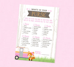 Pink Little Camper What's In Your Purse Shower Game - INSTANT DOWNLOAD - Pink, Woodland Baby Shower Games, Purse Game, RV Camper, Girl