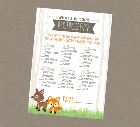 Woodland What's In Your Purse Baby Shower Game - INSTANT DOWNLOAD - Woodland Shower Games, Forest Animals, Purse Game, Fox, Deer