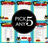 Superhero Baby Shower Games - PICK ANY 5 - 36 Games To Choose From - Superhero Baby Shower, Super Hero, Baby Superheroes, Party Games, Guess