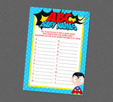 Superhero ABC Baby Names Shower Game - INSTANT DOWNLOAD - Superhero Baby Shower Games, Baby Name Game, Super Hero