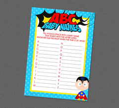 Superhero ABC Baby Names Shower Game - INSTANT DOWNLOAD - Superhero Baby Shower Games, Baby Name Game, Super Hero