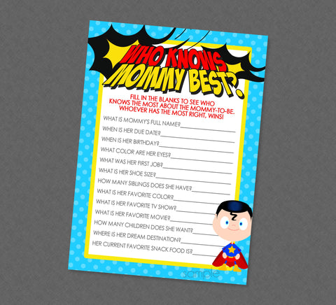 Superhero Who Knows Mommy Best Game - INSTANT DOWNLOAD - Superhero Baby Shower Games, Super Hero, Superheroes