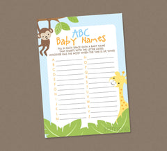 Safari ABC Baby Names Shower Game - INSTANT DOWNLOAD - Jungle Baby Shower Games, Baby Name Game, Zoo Animals, Monkey, Giraffe