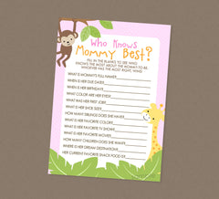 Who Knows Mommy Best Baby Shower Game - INSTANT DOWNLOAD - Jungle Baby Shower Games, Zoo Animals, Safari Baby Shower, Pink, Girl