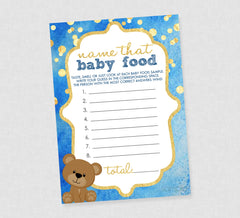 Teddy Bear Guess That Baby Food Shower Game - INSTANT DOWNLOAD - Watercolor Blue & Gold, Bear Baby Shower Games, Name That Baby Food