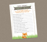 Who Knows Mommy Best Shower Game - INSTANT DOWNLOAD - Woodland Baby Shower Games, Little Camper, Fox, Woodlands