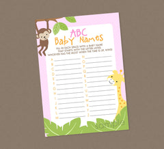 ABC Baby Names Baby Shower Game | Pink | Girl Jungle Safari Baby Shower || DIGITAL DOWNLOAD