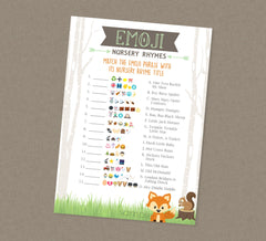 Woodland Emoji Nursery Rhyme Match Game - INSTANT DOWNLOAD - Woodland Shower Games, Emoji Shower Game, Forest Animals, Fox, Little Camper