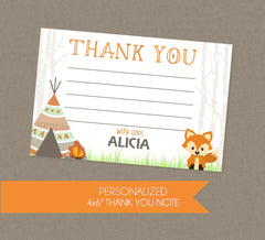 Woodland Thank You Note, Little Camper Thank You Notes, Fox Thank You Cards, Baby Shower, Birthday, Forest Animals, Teepee