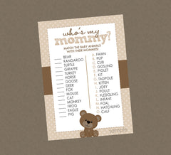 Teddy Bear Baby Animal Match Shower Game - INSTANT DOWNLOAD - Teddy Bear Shower Games, Who's My Mommy, Tan & Brown