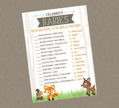 Woodland Celebrity Babies Shower Game - INSTANT DOWNLOAD - Woodland Shower Games, Little Camper, Celebrity Baby Names, Fox, Deer