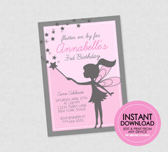 Sweet Fairy Birthday Invitation - INSTANT DOWNLOAD - Edit & Print From Any Device, Fairy Birthday Invites, Fairy Silhouette Invitations