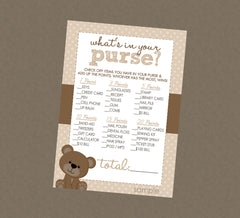 Teddy Bear What's In Your Purse Baby Shower Game - INSTANT DOWNLOAD - Teddy Bear Shower Games, Purse Game, Tan & Brown