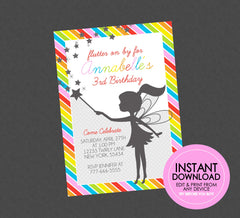 Rainbow Fairy Birthday Invitation - INSTANT DOWNLOAD - Edit & Print From Any Device, Fairy Birthday Invites, Fairy Party Invites, Rainbow