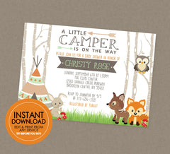 Woodland Baby Shower Invitation - EDTIABLE INSTANT DOWNLOAD - Woodland Baby Shower Invites, Forest Animals, Teepee, Tent, Little Camper