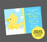 Rubber Duckie Baby Shower Invitation - Edit & Print From Any Device, Duck Baby Shower Invitations, Ducky, Rub Dub Dub