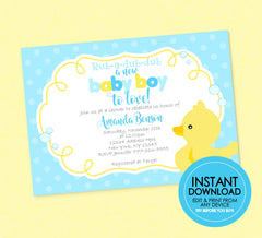 Rubber Duck Baby Shower Invitation - INSTANT DOWNLOAD - Edit & Print From Any Device, Ducky Baby Shower, Boy, Rubber Duckie