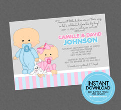 Twin Boy and Girl Baby Shower Invitation - INSTANT DOWNLOAD - Edit & Print From Any Device, Twin Baby Shower Invites, Twins, Pink and Blue