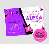 Rockstar Birthday Invite - Edit With Corjl - Girl Rockstar Birthday, Rockstar Party Invitation, Rock Star, Rocker Girl, Purple, Pink