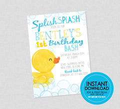 Rubber Duckie Birthday Invitation - EDITABLE INSTANT DOWNLOAD - Rubber Duck Birthday Invite, Ducky Birthday Invitations, Boy, Any Age