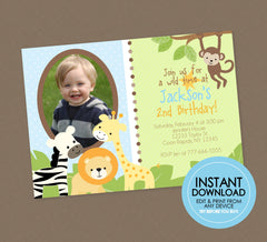 Safari Birthday Photo Invitation - EDITABLE INSTANT DOWNLOAD - Jungle Birthday Invites, Picture Invite, Jungle Animals, Zoo, Safari