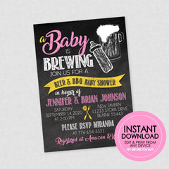 Pink Girl Baby is Brewing Beer & BBQ Baby Shower Invitation || EDITABLE INSANT DOWNLOAD