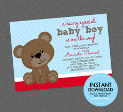 Teddy Bear Baby Shower Invitation - EDITABLE Instant Download - Bear Baby Shower Invites, Teddy Bear Shower Invite, Blue and Red, Baby Boy