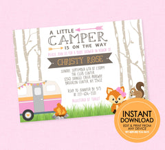 Pink Little Camper Baby Shower Invitation - Editable Instant Download - Woodland Baby Shower, RV Camper, Pink, Forest Animals, Girl