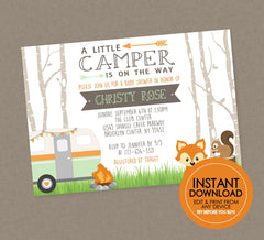 RV Camper Baby Shower Invitation- INSTANT DOWNLOAD - Edit & Print, Woodland, Forest Animals, Little Camper, Fox, Woodland, Rv Camper