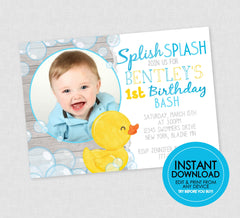 Rubber Duck Photo Birthday Invitation - EDITABLE INSTANT DOWNLOAD - Ducky Birthday Invite, Duckie Birthday Invitations, Any Age, Blue