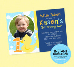 Rubber Duck 1st  Birthday Invitation - EDITABLE INSTANT DOWNLOAD - Duckie Birthday Invite, Rubber Ducky, Photo Invites, First Birthday