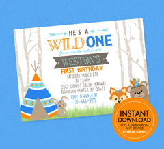 Wild One Birthday Invitation  - EDITABLE INSTANT DOWNLOAD - Woodland Birthday Invites, Wild One Birthday, Teepee, Boy 1st Birthday, Fox