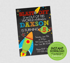 Outer Space Birthday Invitation - EDITABLE INSTANT DOWNLOAD - Rocket Birthday Invites, Outer Space, Space Birthday, Blast Off, Chalkboard