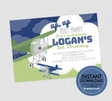 Vintage Airplane Birthday Invitation - EDITABLE INSTANT DOWNLOAD - Airplane Birthday Invites, Plane Birthday, Boy Airplane, Blue, Green