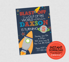 Outer Space Birthday Invitation - EDITABLE INSTANT DOWNLOAD - Space Birthday Invites, Grey Rocket, Space Party Invite, Rocket Ship