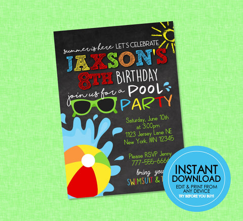 Swim Birthday Pool Party Invites - EDITABLE INSTANT DOWNLOAD - Chalkboard, Pool Party Invite, Swim Birthday Invitation, Swim Birthday, Boy