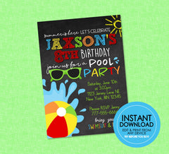 Swim Birthday Pool Party Invites - EDITABLE INSTANT DOWNLOAD - Chalkboard, Pool Party Invite, Swim Birthday Invitation, Swim Birthday, Boy