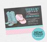 Rustic Cowgirl Birthday Invitation - EDITABLE INSTANT DOWNLOAD - Cowgirl Birthday Invite, Cowgirl Party Invitations, Cow Girl, Pink, Teal