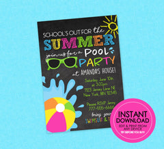 School is Out Summer Pool Party Chalkboard Invitation - EDITABLE INSTANT DOWNLOAD - End of School Party, End of School Invite, Pool Party