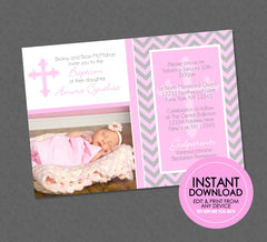 Pink Photo Baptism Invitation - EDITABLE INSTANT DOWNLOAD - Girl Baptism Invites, Baptism Photo Invitations, Pink, Chevron