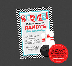 Retro Bowling Birthday Invitation  - EDITABLE INSTANT DOWNLOAD - Bowling Birthday, Bowl Birthday Invitation, Bowling Party Invite, Red, Teal