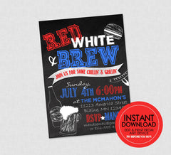 Red White & Brew Party Invitation, 4th of July - EDITABLE INSTANT DOWNLOAD - 4th of July Invite, Barbecue, Chalkboard, Bbq, Grill