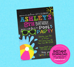 Swim Birthday Pool Party Invites - EDITABLE INSTANT DOWNLOAD - Chalkboard, Pool Party Invite, Swim Birthday Invitation, Swim Birthday, Girl