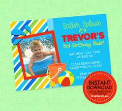 Summer Pool Party Photo Birthday Invitation - EDITABLE INSTANT DOWNLOAD - Pool Party Birthday Invites, Swim Birthday Invite, Picture