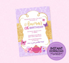 Tea Party Birthday Invitations - EDITABLE INSTANT DOWNLOAD - Tea Party Invites, Tea Party Birthday, Butterfly, Elegant, Pink, Purple, Gold