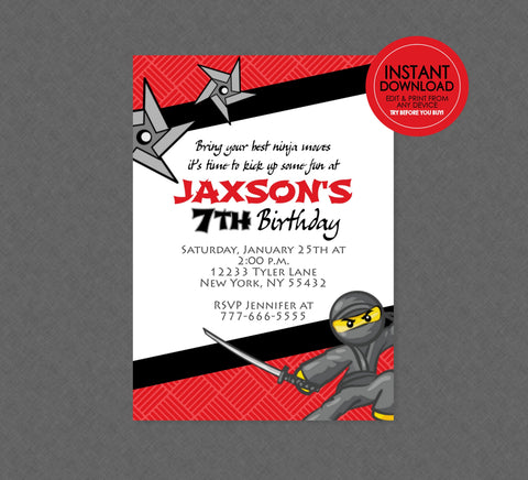 Ninja Birthday Invitation - EDITABLE INSTANT DOWNLOAD - Ninja Birthday Invite, Ninja Birthday Party, Warrior Ninja, Ninja Party Invites