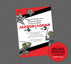 Ninja Birthday Invitation For 2 Boys - EDITABLE INSTANT DOWNLOAD - Ninja Double Birthday Invite, Ninja Birthday, Double Party, Sibling Party